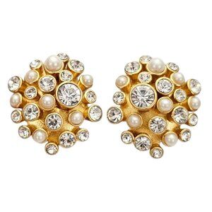 Gold Tone Modernist Round Clip On Earrings Faux Pearl Clear Rhinestone Sputnik